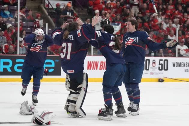 April 16, 2023, Brampton, ON, CANADA: USA players celebrate their victory at the IIHF Women s World Hockey Championship gold metal hockey action against Canada in Brampton, Ont., on Sunday, April 16, 2023. Canada News - April 16, 2023  - ZUMAc35_ 20230416_zaf_c35_135 Copyright: xNathanxDenettex