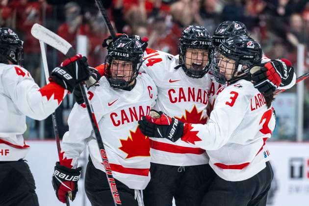 230416 Renata Fast of Canada celebrates during the 2023 IIHF Women s World Championship final between Canada and USA on April 16, 2023 in Brampton Photo Mathilda Ahlberg BILDBYRAN kod MA MA0464 ishockey ice hockey vm dam 2023 iihf womens world championship dam vm ishockey vm canada usa women bbeng kanada jubel,  Copyright: MATHILDAxAHLBERG BB230416MA231