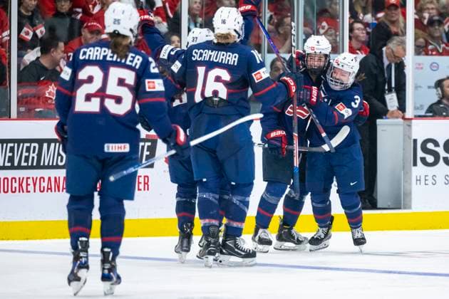 230416 Caroline Harvey and Cayla Barnes of USA celebrate during the 2023 IIHF Women s World Championship final between Canada and USA on April 16, 2023 in Brampton Photo Mathilda Ahlberg BILDBYRAN kod MA MA0464 ishockey ice hockey vm dam 2023 iihf womens world championship dam vm ishockey vm canada usa women bbeng kanada jubel,  Copyright: MATHILDAxAHLBERG BB230416MA235