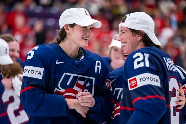 230416 Megan Keller and Joy Dunne of USA celebrate after winning the 2023 IIHF Women s World Championship final between Canada and USA on April 16, 2023 in Brampton Photo Mathilda Ahlberg BILDBYRAN kod MA MA0464 ishockey ice hockey vm dam 2023 iihf womens world championship dam vm ishockey vm canada usa women bbeng kanada jubel,  Copyright: MATHILDAxAHLBERG BB230416MA239