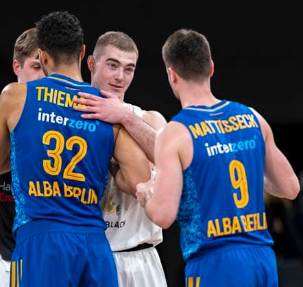 Johannes Thiemann Alba , Ziga Samar Towers , Jonas Mattisseck Alba 16 04 23, Hamburg, Veolia Towers Hamburg vs Alba Berlin, easyCredit BBL, Basketball Bundesliga, 1 Liga, season 2022 2023, 28 matchday Â