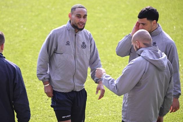 Union s Loic Lapoussin and Union s Cameron Puertas Castro pictured during a training session of Belgian soccer team Royale Union Saint-Gilloise, Wednesday 19 April 2023 in Anderlecht stadium. Union is preparing for tomorrow s game against German Bayer 04 Leverkusen, the return leg of the quarterfinals of the UEFA Europa League competition. First leg ended on a draw 1-1 result. LAURIExDIEFFEMBACQ  x65339059x