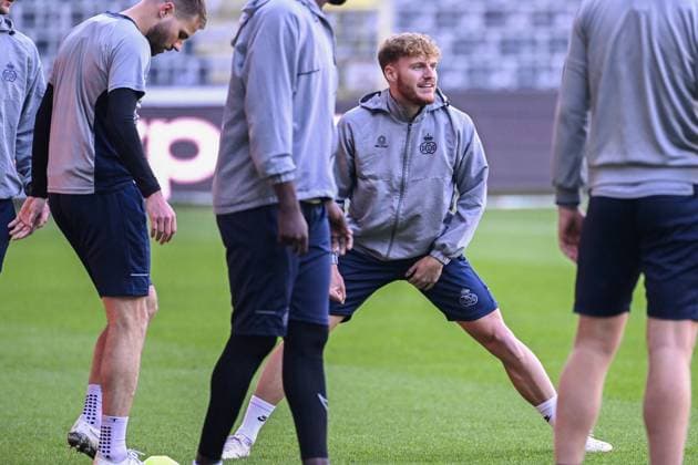 Union s Yorbe Vertessen pictured in action during a training session of Belgian soccer team Royale Union Saint-Gilloise, Wednesday 19 April 2023 in Anderlecht stadium. Union is preparing for tomorrow s game against German Bayer 04 Leverkusen, the return leg of the quarterfinals of the UEFA Europa League competition. First leg ended on a draw 1-1 result. LAURIExDIEFFEMBACQ  x65339811x