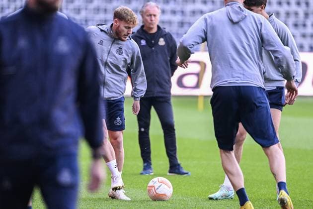Union s Yorbe Vertessen pictured in action during a training session of Belgian soccer team Royale Union Saint-Gilloise, Wednesday 19 April 2023 in Anderlecht stadium. Union is preparing for tomorrow s game against German Bayer 04 Leverkusen, the return leg of the quarterfinals of the UEFA Europa League competition. First leg ended on a draw 1-1 result. LAURIExDIEFFEMBACQ  x65339812x