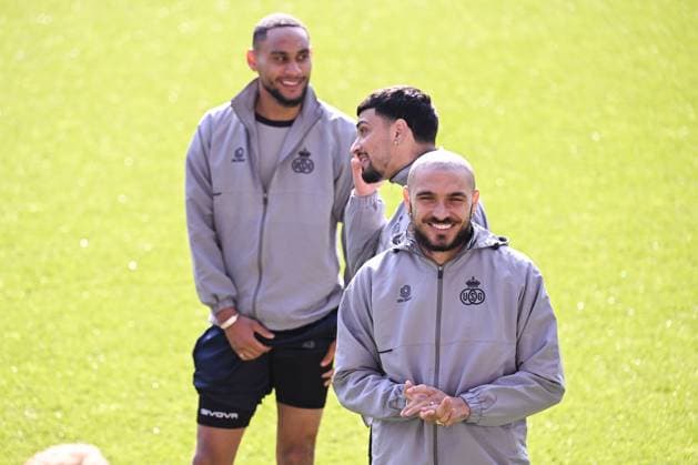 Union s Loic Lapoussin, Union s Cameron Puertas Castro and Union s Teddy Teuma pictured during a training session of Belgian soccer team Royale Union Saint-Gilloise, Wednesday 19 April 2023 in Anderlecht stadium. Union is preparing for tomorrow s game against German Bayer 04 Leverkusen, the return leg of the quarterfinals of the UEFA Europa League competition. First leg ended on a draw 1-1 result. LAURIExDIEFFEMBACQ  x65339879x