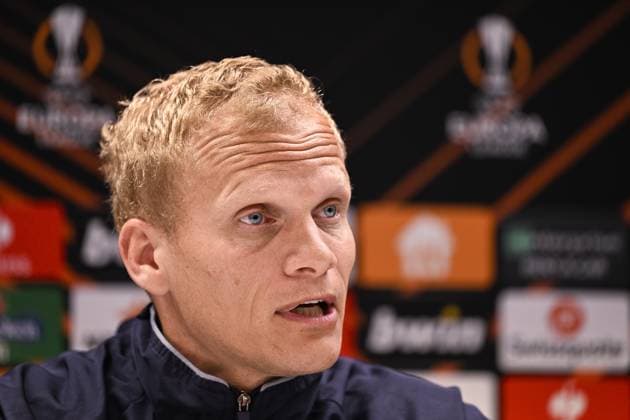 Union s head coach Karel Geraerts pictured during a press conference, PK, Pressekonferenz of Belgian soccer team Royale Union Saint-Gilloise, Wednesday 19 April 2023 in Anderlecht stadium. Union is preparing for tomorrow s game against German Bayer 04 Leverkusen, the return leg of the quarterfinals of the UEFA Europa League competition. First leg ended on a draw 1-1 result. LAURIExDIEFFEMBACQ  x65343812x
