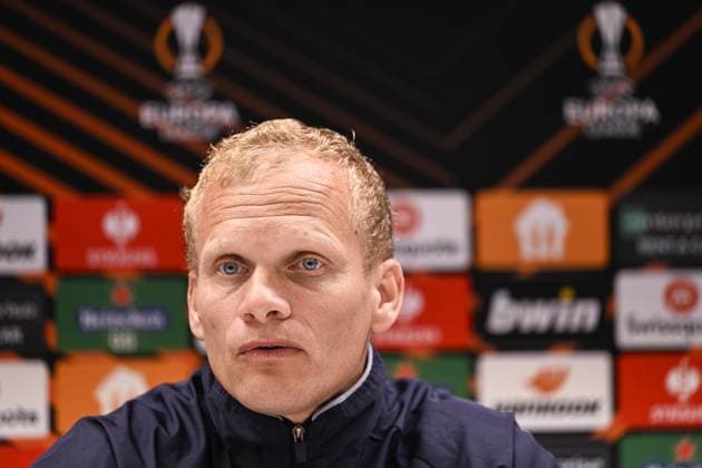 Union s head coach Karel Geraerts pictured during a press conference, PK, Pressekonferenz of Belgian soccer team Royale Union Saint-Gilloise, Wednesday 19 April 2023 in Anderlecht stadium. Union is preparing for tomorrow s game against German Bayer 04 Leverkusen, the return leg of the quarterfinals of the UEFA Europa League competition. First leg ended on a draw 1-1 result. LAURIExDIEFFEMBACQ  x65343816x