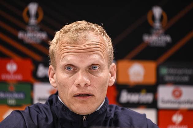 Union s head coach Karel Geraerts pictured during a press conference, PK, Pressekonferenz of Belgian soccer team Royale Union Saint-Gilloise, Wednesday 19 April 2023 in Anderlecht stadium. Union is preparing for tomorrow s game against German Bayer 04 Leverkusen, the return leg of the quarterfinals of the UEFA Europa League competition. First leg ended on a draw 1-1 result. LAURIExDIEFFEMBACQ  x65343818x