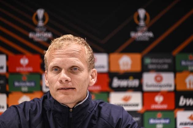 Union s head coach Karel Geraerts pictured during a press conference, PK, Pressekonferenz of Belgian soccer team Royale Union Saint-Gilloise, Wednesday 19 April 2023 in Anderlecht stadium. Union is preparing for tomorrow s game against German Bayer 04 Leverkusen, the return leg of the quarterfinals of the UEFA Europa League competition. First leg ended on a draw 1-1 result. LAURIExDIEFFEMBACQ  x65343822x