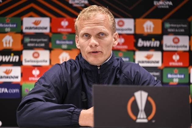 Union s head coach Karel Geraerts pictured during a press conference, PK, Pressekonferenz of Belgian soccer team Royale Union Saint-Gilloise, Wednesday 19 April 2023 in Anderlecht stadium. Union is preparing for tomorrow s game against German Bayer 04 Leverkusen, the return leg of the quarterfinals of the UEFA Europa League competition. First leg ended on a draw 1-1 result. LAURIExDIEFFEMBACQ  x65343827x
