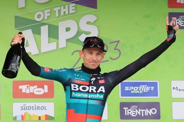 19th April 2023, Brentonico San Valentino, Italy; UCI Tour of the Alps Road cycling, Rad, Radsport, Strasse Race, Third Stage from Ritten to Brentonico San Valentino ; Lennard Kamna (GER) celebrates his stage win on the podium  ActionPlus12499183 PierrexTeyssot
