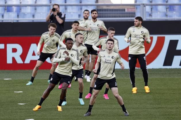 ROME - Players of Feyenoord during the training session ahead of the UEFA Europa League quarter final against AS Roma at the Rome Olympic Stadium on April 19, 2023 in Rome, Italy. ANP MAURICE VAN STONE UEFA Europa League 2022 2023 xVIxANPxSportx xxANPxIVx 467420024 originalFilename: 467420024.jpg