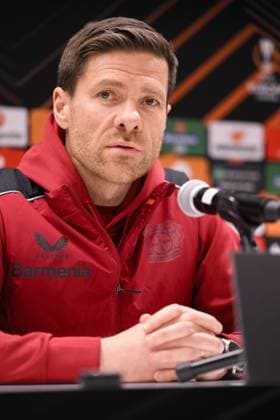 Leverkusen s head coach Xabi Alonso pictured during a press conerence of German Bayer 04 Leverkusen, Wednesday 19 April 2023 in Anderlecht stadium. Union is preparing for tomorrow s game against Belgian soccer team Royale Union Saint-Gilloise, the return leg of the quarterfinals of the UEFA Europa League competition. First leg ended on a draw 1-1 result. LAURIExDIEFFEMBACQ  x65376383x