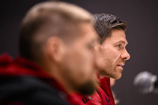 Leverkusen s head coach Xabi Alonso pictured during a press conerence of German Bayer 04 Leverkusen, Wednesday 19 April 2023 in Anderlecht stadium. Union is preparing for tomorrow s game against Belgian soccer team Royale Union Saint-Gilloise, the return leg of the quarterfinals of the UEFA Europa League competition. First leg ended on a draw 1-1 result. LAURIExDIEFFEMBACQ  x65376393x