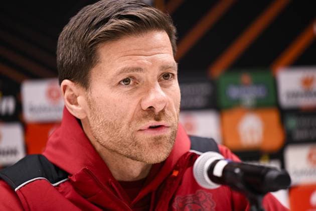 Leverkusen s head coach Xabi Alonso pictured during a press conerence of German Bayer 04 Leverkusen, Wednesday 19 April 2023 in Anderlecht stadium. Union is preparing for tomorrow s game against Belgian soccer team Royale Union Saint-Gilloise, the return leg of the quarterfinals of the UEFA Europa League competition. First leg ended on a draw 1-1 result. LAURIExDIEFFEMBACQ  x65376421x