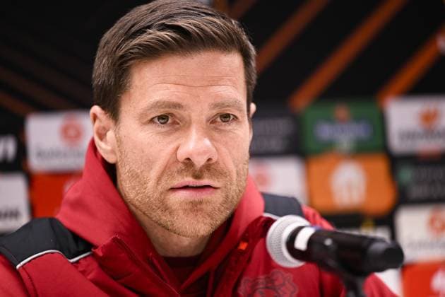 Leverkusen s head coach Xabi Alonso pictured during a press conerence of German Bayer 04 Leverkusen, Wednesday 19 April 2023 in Anderlecht stadium. Union is preparing for tomorrow s game against Belgian soccer team Royale Union Saint-Gilloise, the return leg of the quarterfinals of the UEFA Europa League competition. First leg ended on a draw 1-1 result. LAURIExDIEFFEMBACQ  x65376422x