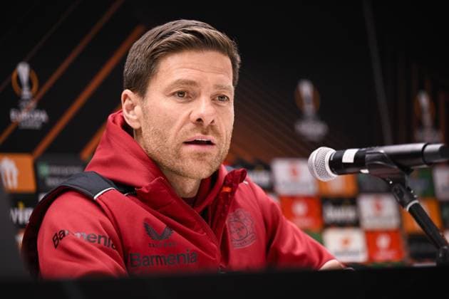 Leverkusen s head coach Xabi Alonso pictured during a press conerence of German Bayer 04 Leverkusen, Wednesday 19 April 2023 in Anderlecht stadium. Union is preparing for tomorrow s game against Belgian soccer team Royale Union Saint-Gilloise, the return leg of the quarterfinals of the UEFA Europa League competition. First leg ended on a draw 1-1 result. LAURIExDIEFFEMBACQ  x65376431x