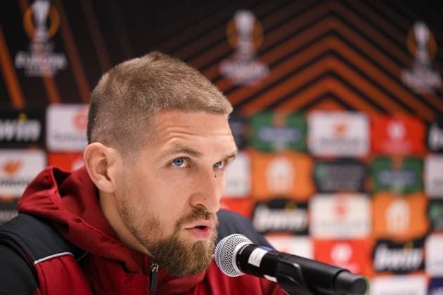 Leverkusen s Robert Andrich pictured during a press conerence of German Bayer 04 Leverkusen, Wednesday 19 April 2023 in Anderlecht stadium. Union is preparing for tomorrow s game against Belgian soccer team Royale Union Saint-Gilloise, the return leg of the quarterfinals of the UEFA Europa League competition. First leg ended on a draw 1-1 result. LAURIExDIEFFEMBACQ  x65376455x