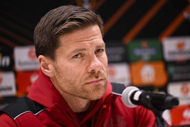 Leverkusen s head coach Xabi Alonso pictured during a press conerence of German Bayer 04 Leverkusen, Wednesday 19 April 2023 in Anderlecht stadium. Union is preparing for tomorrow s game against Belgian soccer team Royale Union Saint-Gilloise, the return leg of the quarterfinals of the UEFA Europa League competition. First leg ended on a draw 1-1 result. LAURIExDIEFFEMBACQ  x65376468x