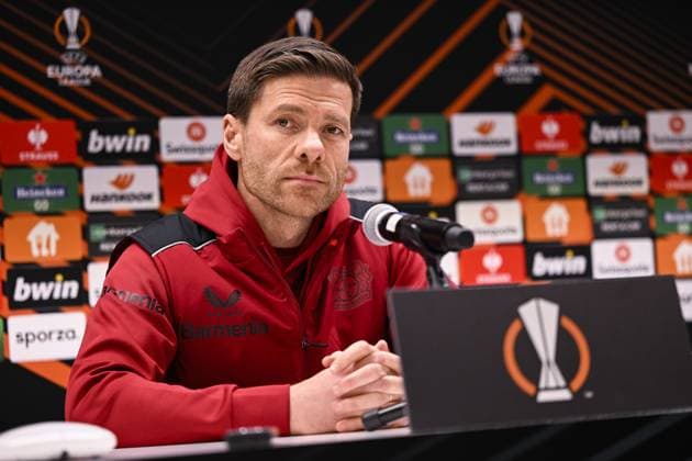 Leverkusen s head coach Xabi Alonso pictured during a press conerence of German Bayer 04 Leverkusen, Wednesday 19 April 2023 in Anderlecht stadium. Union is preparing for tomorrow s game against Belgian soccer team Royale Union Saint-Gilloise, the return leg of the quarterfinals of the UEFA Europa League competition. First leg ended on a draw 1-1 result. LAURIExDIEFFEMBACQ  x65376469x