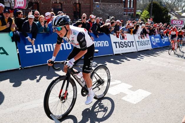HUY, BELGIUM - APRIL 19 : Pogacar Tadej (SVN) of UAE Team Emirates attacking on the The Mur de Huy during the 1.UWT - UCI World Tour 2023 87th La Fleche Wallonne, a race of 194,3 km with start in Herve and finish on the top of the wall of Huy on April 19, 2023 in Huy, Belgium, 19 04 2023 ( Fleche Wallonne 2023 Cycling Race PhotoNews Panoramic 