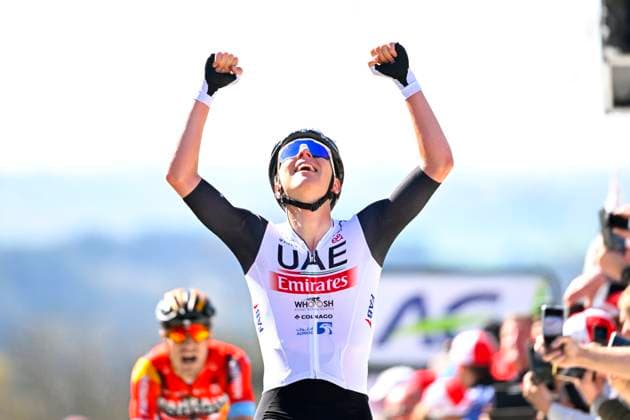 HUY, BELGIUM - APRIL 19 : Pogacar Tadej (SVN) of UAE Team Emirates wins the 1.UWT - UCI World Tour 2023 87th La Fleche Wallonne, a race of 194,3 km with start in Herve and finish on the top of the wall of Huy on April 19, 2023 in Huy, Belgium, 19 04 2023 ( Fleche Wallonne 2023 Cycling Race PhotoNews Panoramic 