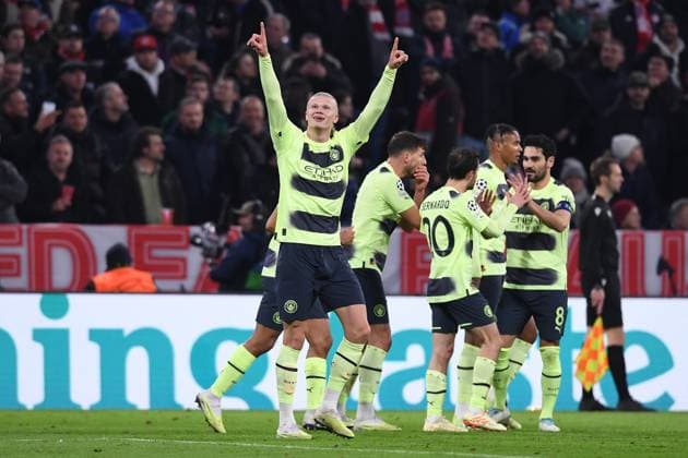 Soccer Champions League quarterfinals FC Bayern Munich Manchester City on 19 04 2023 at the Allianz Arena in Munich goal cheer goal to 0 1 by Erling Haaland Manchester xHDx