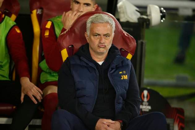 Europa League football match AS Roma vs Feyenoord RomaÕs Portugal coach Jose Mourinho looks during the UEFA Europa League quarter-finals round return match between AS Roma vs Feyenoord at the Olimpico Stadium in Rome, on April 20, 2023. EL_Roma_Feyenoord_0109 Copyright: xAntonioxBalascox