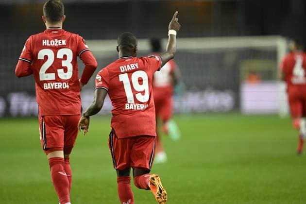 ANDERLECHT, BELGIUM - APRIL 20 : Diaby Moussa forward of Bayer Leverkusen celebrates scoring the opening goal during the UEFA Europa League Quarter-finals, 2nd leg match between Union SG and Bayer Leverkusen at the Anderlecht stadium on April 20, 2023 in Anderlecht, Belgium, 20 04 2023 ( Union SG v Bayer Leverkusen - UEFA Europa League PhotoNews Panoramic 