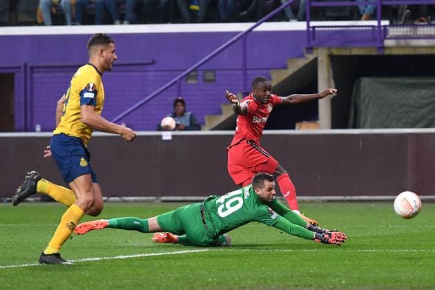 Soccer Europa League quarterfinals Union Saint Gilloise Bayer 04 Leverkusen on 20 04 2023 Lotto Park in Anderlecht goal shot goal to 0 1 by Moussa Diaby Leverkusen xHDx