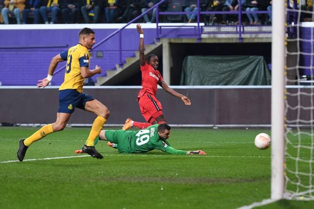 Soccer Europa League quarterfinals Union Saint Gilloise Bayer 04 Leverkusen on 20 04 2023 Lotto Park in Anderlecht goal shot goal to 0 1 by Moussa Diaby Leverkusen xHDx