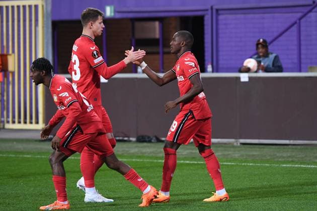 Soccer Europa League quarterfinals Union Saint Gilloise Bayer 04 Leverkusen on 20 04 2023 Lotto Park in Anderlecht goal cheer goal to 0 1 by Moussa Diaby Leverkusen xHDx