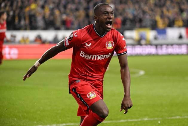 Leverkusen s Moussa Diaby celebrates after scoring during a soccer match between Belgian Royale Union Saint-Gilloise and German Bayer 04 Leverkusen, Thursday 20 April 2023 in Anderlecht, Brussels, the return leg of the quarterfinals of the UEFA Europa League competition. The first leg ended in a 1-1 draw. LAURIExDIEFFEMBACQ  x65497515x