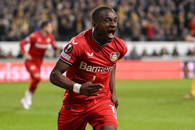 Leverkusen s Moussa Diaby celebrates after scoring during a soccer match between Belgian Royale Union Saint-Gilloise and German Bayer 04 Leverkusen, Thursday 20 April 2023 in Anderlecht, Brussels, the return leg of the quarterfinals of the UEFA Europa League competition. The first leg ended in a 1-1 draw. LAURIExDIEFFEMBACQ  x65497542x