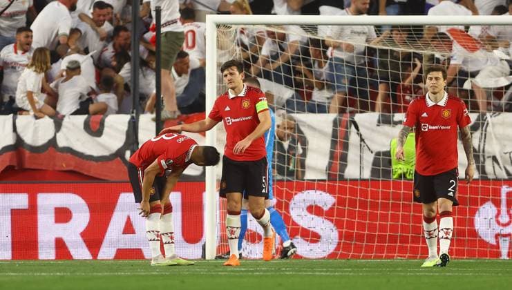 Mandatory Credit: Photo by Kieran McManus Shutterstock (13873490y) Harry Maguire of Manchester United, ManU shows a look of dejection after Yousseff En-Nesyri of Sevilla scores a goal to make the score 1-0 Sevilla v Manchester United, UEFA Europa League, Quarter-Final, Second Leg, Football, Ramon Sanchez-Pizjuan Stadium, Seville, Spain - 20 Apr 2023 Sevilla v Manchester United, UEFA Europa League, Quarter-Final, Second Leg, Football, Ramon Sanchez-Pizjuan Stadium, Seville, Spain - 20 Apr 2023 Copyright: xKieranxMcManus Shutterstockx 13873490y