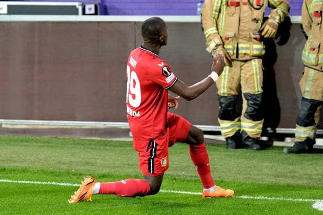 BRUSSELS - Moussa Diaby of Bayer 04 Leverkusen celebrates the 0-1 during the UEFA Europa League quarter final match between Union Sint Gillis and Bayer 04 Leverkusen at the Lotto Park stadium on April 20, 2023 in Brussels, Belgium. AP Dutch Height UEFA Europa Europa League - Quarter-final, 2nd Leg 2022 2023 xVIxANPxSportx xGerritxvanxKeulenxIVx 467495368 originalFilename: 467495368.jpg