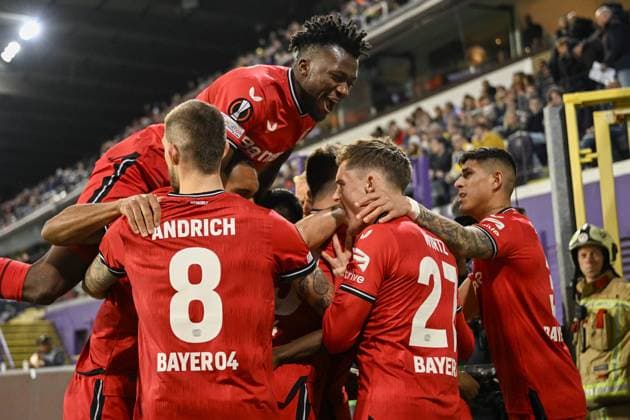 Sport Bilder des Tages Leverkusen s Moussa Diaby celebrates with his teammates after scoring during a soccer match between Belgian Royale Union Saint-Gilloise and German Bayer 04 Leverkusen, Thursday 20 April 2023 in Anderlecht, Brussels, the return leg of the quarterfinals of the UEFA Europa League competition. The first leg ended in a 1-1 draw. LAURIExDIEFFEMBACQ  x65498062x