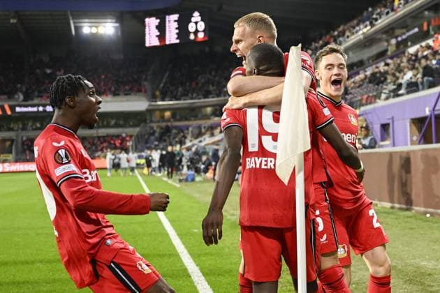 Leverkusen s Moussa Diaby celebrates with his teammates after scoring during a soccer match between Belgian Royale Union Saint-Gilloise and German Bayer 04 Leverkusen, Thursday 20 April 2023 in Anderlecht, Brussels, the return leg of the quarterfinals of the UEFA Europa League competition. The first leg ended in a 1-1 draw. LAURIExDIEFFEMBACQ  x65498069x