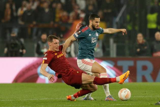 Europa League football match AS Roma vs Feyenoord RomaÕs Italian forward Andrea Belotti challenges for the ball with Feyenoord s Slovak defender David Hancko during the UEFA Europa League quarter-finals round return match between AS Roma vs Feyenoord at the Olimpico Stadium in Rome, on April 20, 2023. EL_Roma_Feyenoord_0116 Copyright: xAntonioxBalascox