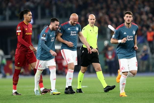 Rome, Italy 20.04.2023: Gernot Trauner of Feyenoord injured during the Uefa Europa League 2023 football match, quarter finals, AS Roma vs Feyenoord at Olympic stadium in Rome, Italy.  Copyright: xmarcoxiacobuccix xipa-agency.netx xmarcoxiacobuccix 0 IPA_IPA37433977