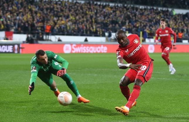 Union Saint Gilloise v Bayer 04 Leverkusen, UEFA Europa League, Quarter-finals, 2nd leg, Lotto Park Anderlech Stadium, Anderlecht, Belgium, 20th April 2023 GOAL 1-0, Moussa Diaby of Bayer Leverkusen scores. - Union Saint Gilloise v Bayer 04 Leverkusen, UEFA Europa League, Quarter-finals, 2nd leg, Lotto Park Anderlech Stadium, Anderlecht, Belgium. - 20th April 2023. Anderlecht Lotto Park Anderlech Stadium UK Copyright: xDanxWeirx CP_Union_Saint_Gilloise_Bayer_Leverkusen_5
