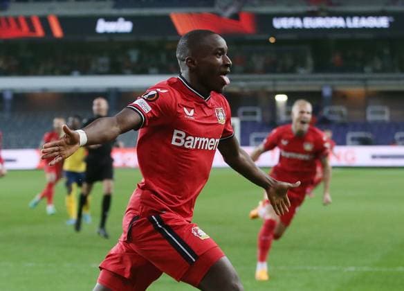 Union Saint Gilloise v Bayer 04 Leverkusen, UEFA Europa League, Quarter-finals, 2nd leg, Lotto Park Anderlech Stadium, Anderlecht, Belgium, 20th April 2023 GOAL 1-0, Moussa Diaby of Bayer Leverkusen goal celebration. - Union Saint Gilloise v Bayer 04 Leverkusen, UEFA Europa League, Quarter-finals, 2nd leg, Lotto Park Anderlech Stadium, Anderlecht, Belgium. - 20th April 2023. Anderlecht Lotto Park Anderlech Stadium UK Copyright: xDanxWeirx CP_Union_Saint_Gilloise_Bayer_Leverkusen_3