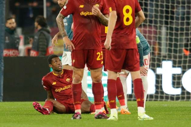 Europa League football match AS Roma vs Feyenoord RomaÕs Dutch midfielder Georginio Wijnaldum injured during the UEFA Europa League quarter-finals round return match between AS Roma vs Feyenoord at the Olimpico Stadium in Rome, on April 20, 2023. EL_Roma_Feyenoord_0120 Copyright: xAntonioxBalascox