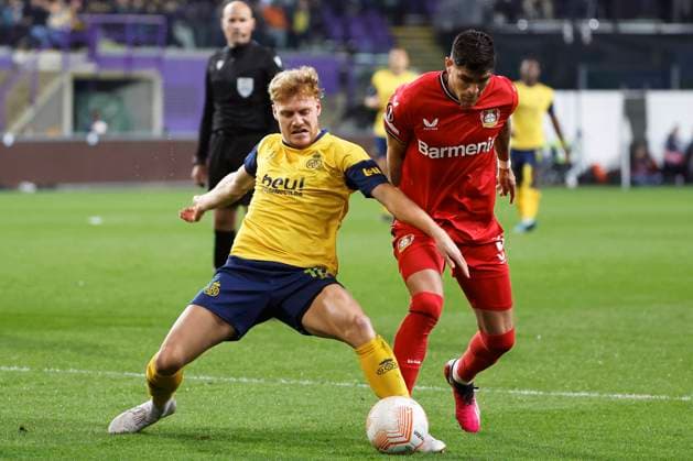 ANDERLECHT, BELGIUM - APRIL 20 : Vertessen Yorbe forward of Union St-Gilloise during the UEFA Europa League Quarter-finals, 2nd leg match between Union SG and Bayer Leverkusen at the Anderlecht stadium on April 20, 2023 in Anderlecht, Belgium, 20 04 2023 ( Union SG v Bayer Leverkusen - UEFA Europa League PhotoNews Panoramic 