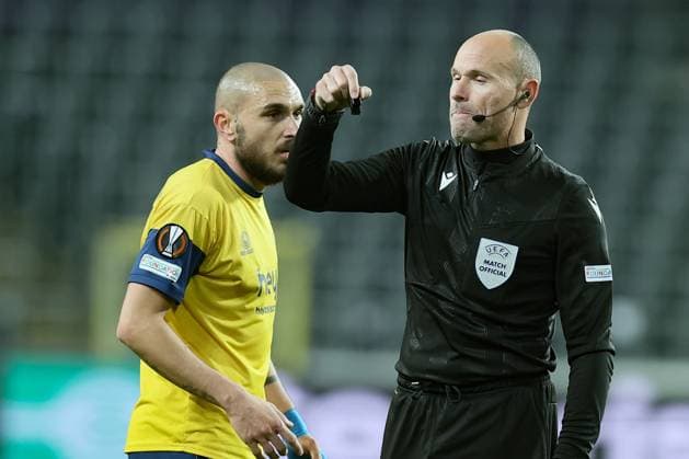 Spanish referee Antonio Mateu Lahoz pictured during a soccer match between Belgian Royale Union Saint-Gilloise and German Bayer 04 Leverkusen, Thursday 20 April 2023 in Anderlecht, Brussels, the return leg of the quarterfinals of the UEFA Europa League competition. The first leg ended in a 1-1 draw. BRUNOxFAHY  x65499716x