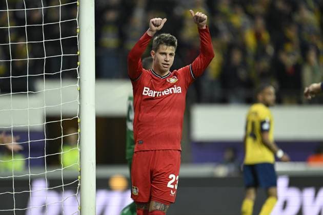 ANDERLECHT, BELGIUM - APRIL 20 : Hlozek Adam forward of Bayer Leverkusen puts up his thumbs during the UEFA Europa League Quarter-finals, 2nd leg match between Union SG and Bayer Leverkusen at the Anderlecht stadium on April 20, 2023 in Anderlecht, Belgium, 20 04 2023 ( Union SG v Bayer Leverkusen - UEFA Europa League PhotoNews Panoramic 