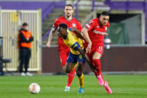 ANDERLECHT, BELGIUM - APRIL 20 : Amani Lazare midfielder of Union St-Gilloise during the UEFA Europa League Quarter-finals, 2nd leg match between Union SG and Bayer Leverkusen at the Anderlecht stadium on April 20, 2023 in Anderlecht, Belgium, 20 04 2023 ( Union SG v Bayer Leverkusen - UEFA Europa League PhotoNews Panoramic 