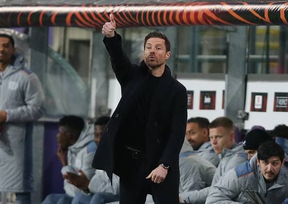 Union Saint Gilloise v Bayer 04 Leverkusen, UEFA Europa League, Quarter-finals, 2nd leg, Lotto Park Anderlech Stadium, Anderlecht, Belgium, 20th April 2023 Xabi Alonso Manager of Bayer Leverkusen celebrates going 1-0 ahead. - Union Saint Gilloise v Bayer 04 Leverkusen, UEFA Europa League, Quarter-finals, 2nd leg, Lotto Park Anderlech Stadium, Anderlecht, Belgium. - 20th April 2023. Anderlecht Lotto Park Anderlech Stadium UK Copyright: xDanxWeirx CP_Union_Saint_Gilloise_Bayer_Leverkusen_7