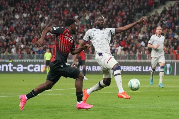 Terem Moffi (OGC Nice) - Kasim Adams Nuhu (FC Bale) FOOTBALL : OGC Nice vs FC Bale - Quart de finale retour de Ligue Europa ConfÃ rence - Nice - 20 04 2023 NorbertScanella Panoramic 