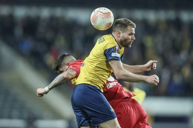 Union s Bart Nieuwkoop pictured in action during a soccer match between Belgian Royale Union Saint-Gilloise and German Bayer 04 Leverkusen, Thursday 20 April 2023 in Anderlecht, Brussels, the return leg of the quarterfinals of the UEFA Europa League competition. The first leg ended in a 1-1 draw. BRUNOxFAHY  x65500685x